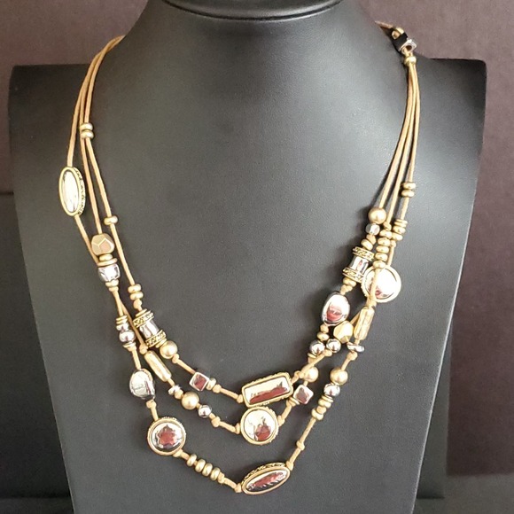 Chico's Three Strand Silver Tone Hammered Beads with Gold Accents on Tan Cord - Picture 5 of 10